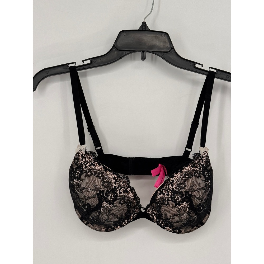 Betsey Johnson Push Up Bra Womens 34D Black Pink Good Floral Lace Bows Underwire